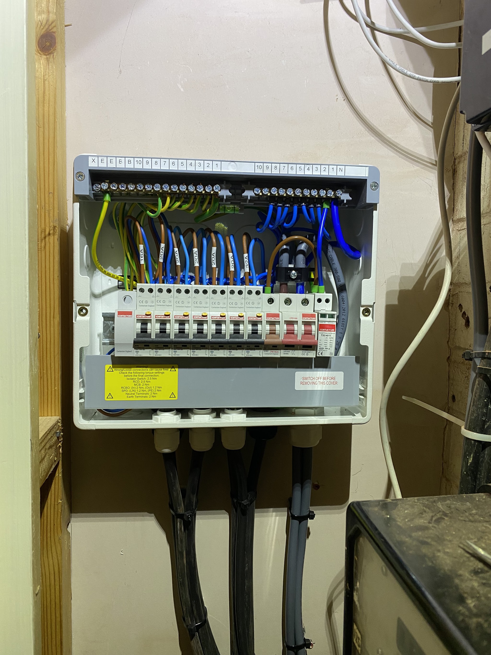 New consumer unit with neatly dressed tails and labelled circuits
