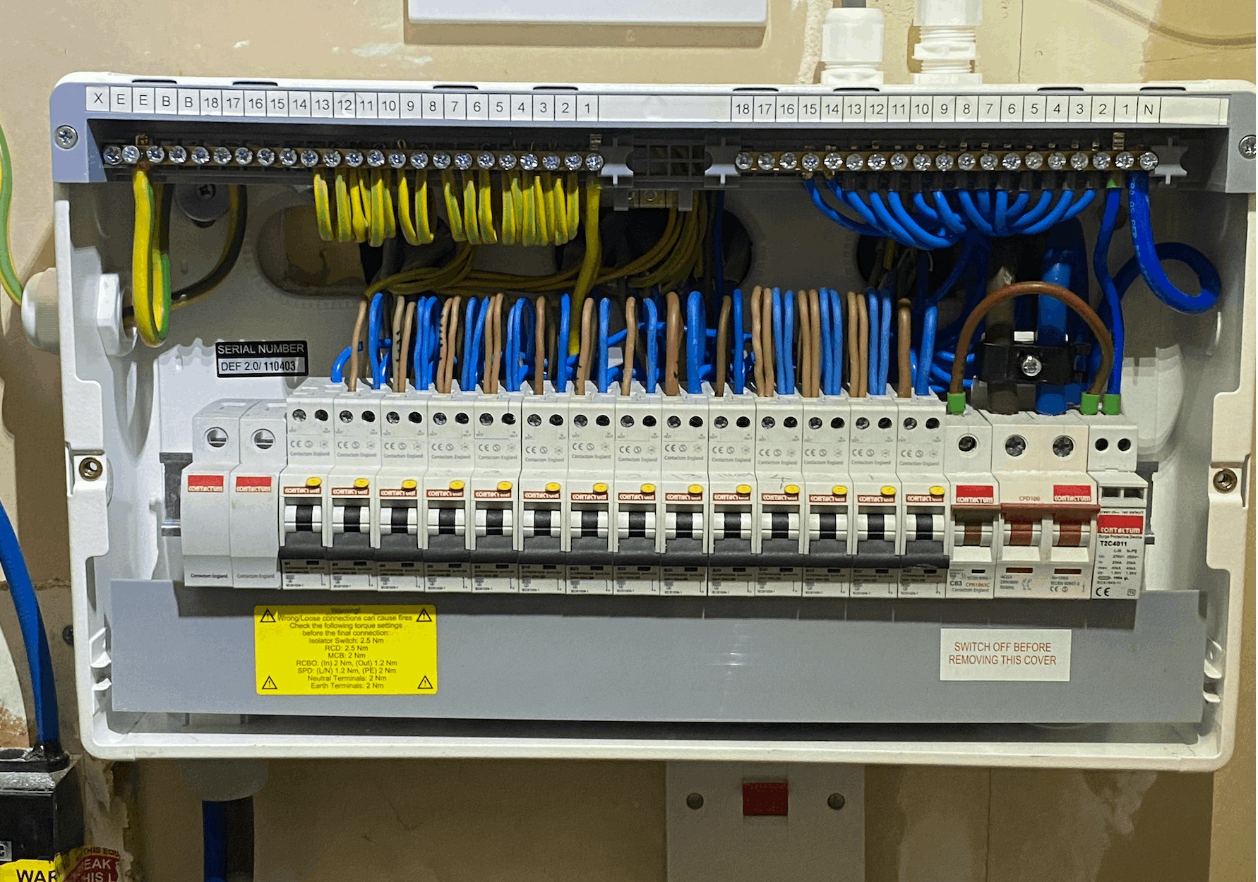 Large, fully labelled consumer unit with neatly dressed cabling